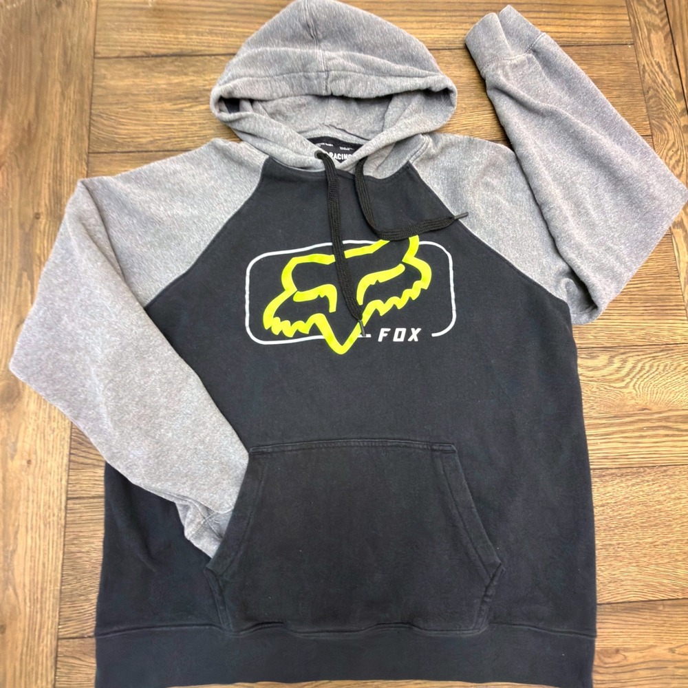Fox Racing Mens Pullover Hoodie Black Gray Neon Yellow Logo Raglan Large